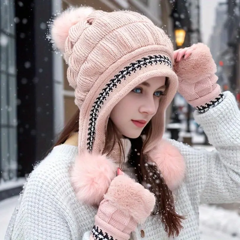 Women's Winter 2-Piece Plush Set - Keep Warm Thermal Insulating Hat with Cold-Proof Earmuffs, Ultra-Soft Thermal Lining Fingerless Gloves, Ideal for Daily Commuting, Outdoor Adventures, Keep Warm Hats, Thermal Insulating Hats