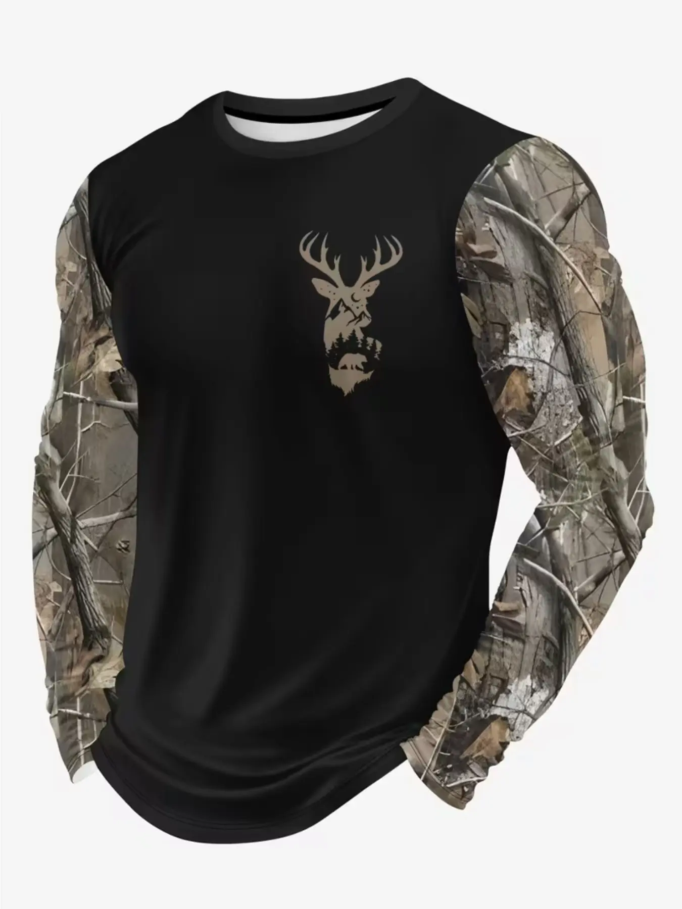 Men's Camo Long Sleeve T-Shirt, Fitted Round Neck Classic Casual Top, Breathable Outdoor Camping Tee, Spring & Fall Fashion