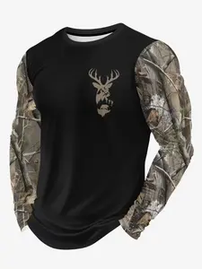 Men's Camo Long Sleeve T-Shirt, Fitted Round Neck Classic Casual Top, Breathable Outdoor Camping Tee, Spring & Fall Fashion
