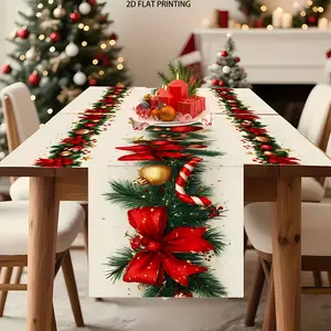 2D flat printing, 1 piece/4 pieces/6 pieces/7 pieces set, Christmas wreath decoration pattern table flag+placemat set, suitable for family gatherings, Christmas decoration, rectangular design with red and green floral accents, Dining Table Centerpiece