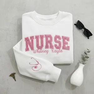 (Ship from US) Nurse and Custom Name Embroidered Sweatshirts, Personalized Crewneck Tee, Nurse Life Outfit, Cute Gift for Grad New Nurse Gift