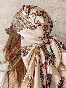 Elegant Floral Print Towel 90x90cm Large Handkerchief, Golden Design, Soft Fabric, Perfect for Daily Use, Travel, Fashion Accessories