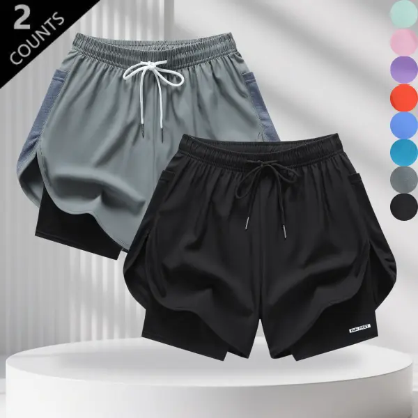 Color-blocked shorts with double-layer lining and a drawstring; soft, lightweight, and smooth fabric that drapes well and has good stretch. Drawstring waistband with dense pleating for a close, supportive fit that doesn’t feel constricting. Mesh panels on