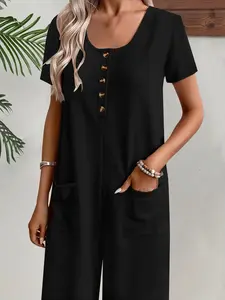 Women's Waffle Knit Long Pants Jumpsuit, Spring Summer Fashion, Everyday, Elegant Plain Color, Round Neck Button Pocket Design, Plus Size, Fit