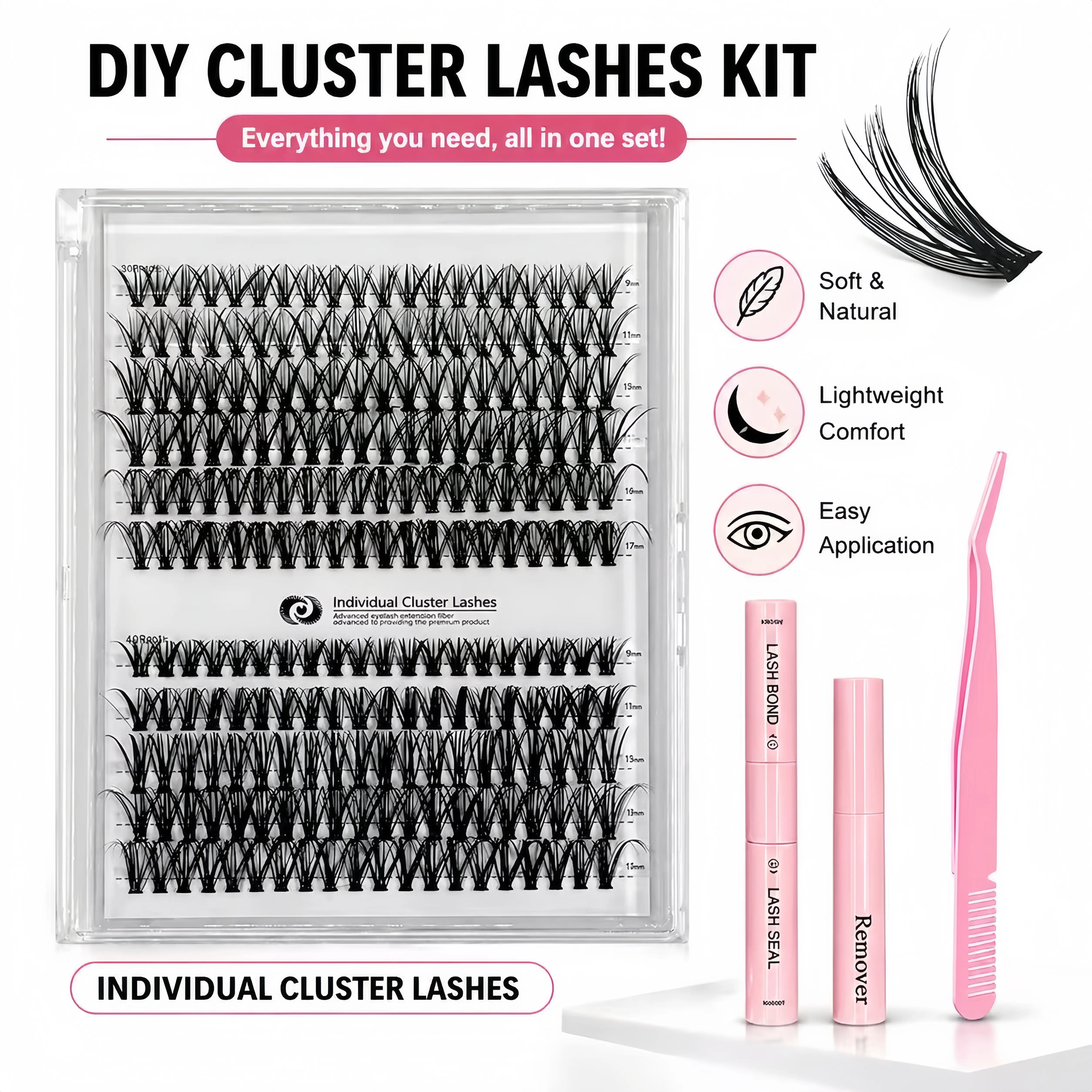 DIY Eyelash Extension Cosmetic Kit for Flawless Natural Lashes - Complete Set with Mixed Lengths, Adhesive, Sealant, Remover, Tweezers & Curling Tool, Eyelash Extensions Kit, Diy Eyelashes Clusters, Curler, Beauty Eyelash Clusters