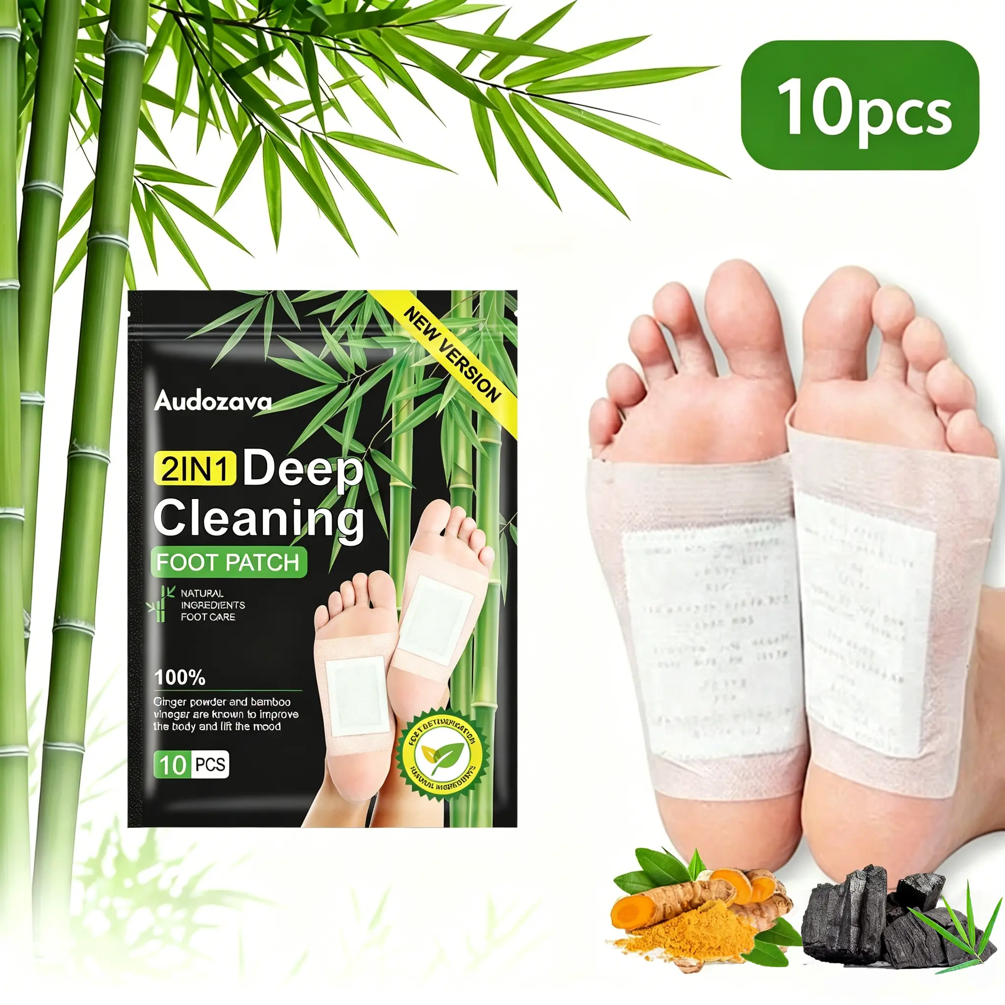 10-pack 2-in-1 deep cleansing foot patches, made with bamboo charcoal, detoxifying, removing dampness, and containing bamboo vinegar. Suitable for improving sleep, before bed, at home, and foot care.
