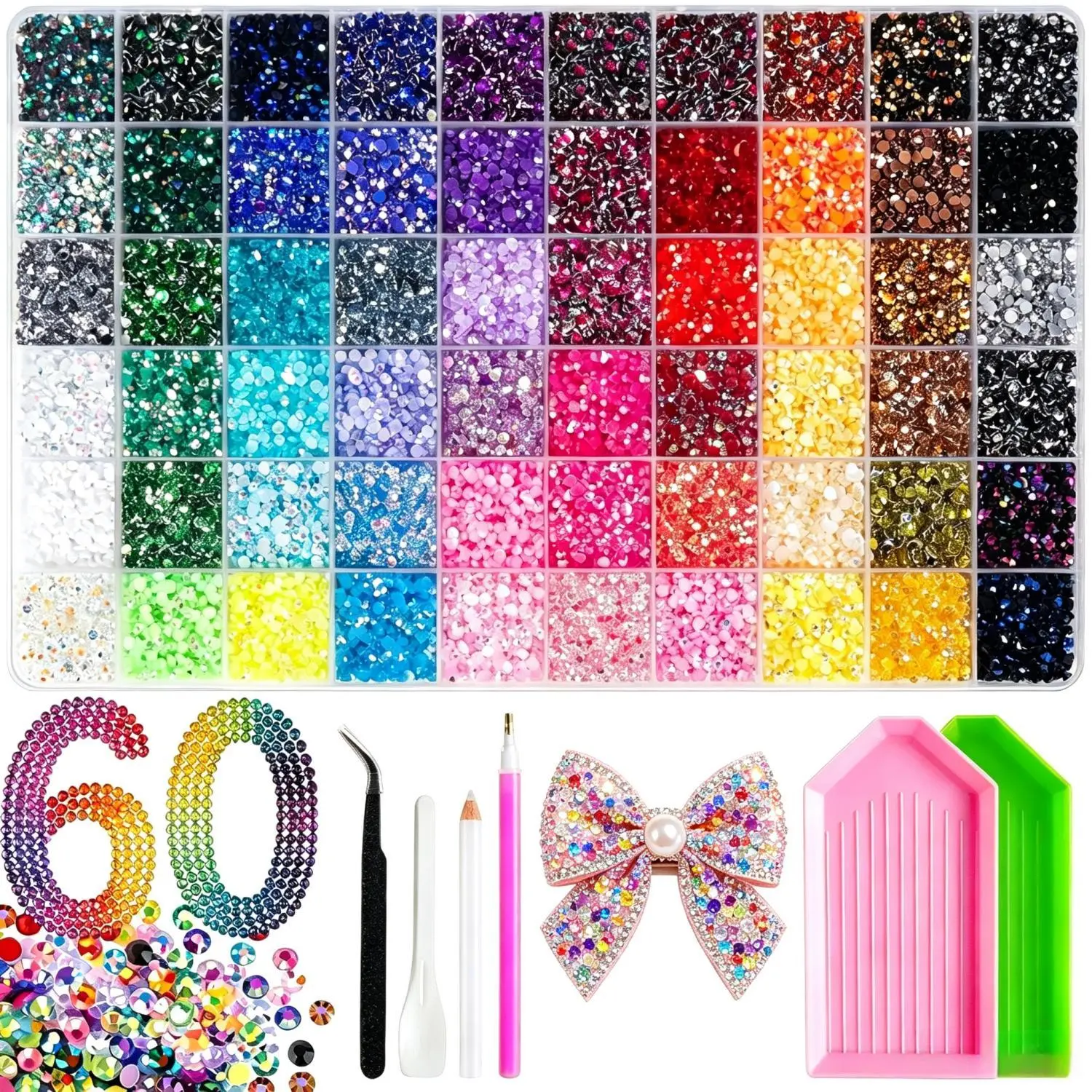 60-Color Jelly Resin Rhinestone Set, DIY Nail Art Kit with Multicolor AB Flatback Rhinestones, Complete Manicure & Craft Set with Tweezers for Phone Case Decoration and Jewelry Making