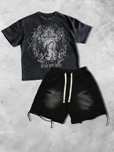 Men's 2-Piece Religious Graphic Print Long Sleeve & Shorts Set, Round Neck Short Sleeve T-Shirt & Drawstring Waist Sporty Shorts, Breathable
