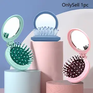 2 in 1 Folding Comb with Mirror, Portable Round Pocket Hair Brush, Travel Essentials, Styling & Massage Detangling Comb, Cute Compact Hair Accessories