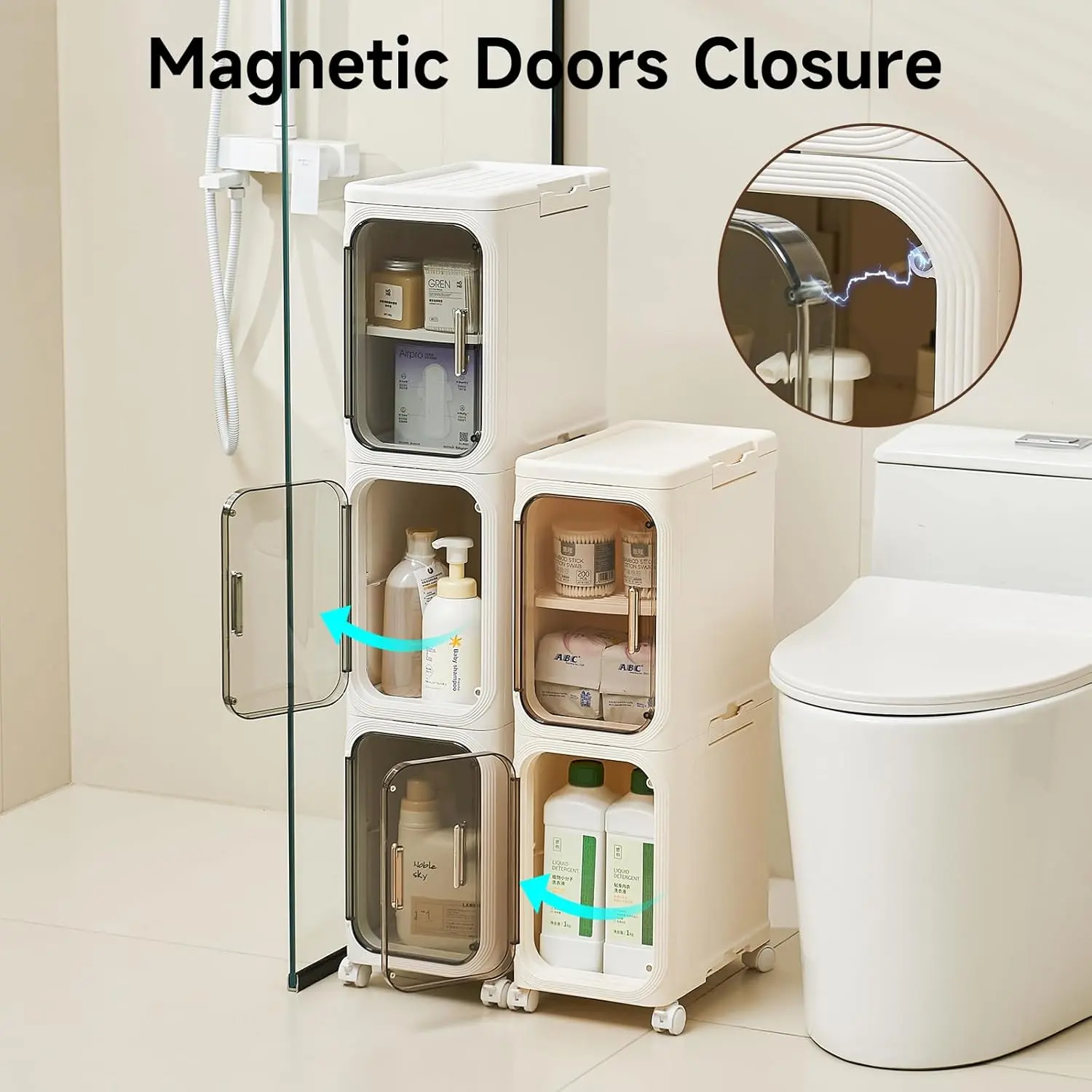 1-Tier Plastic Slim Bathroom Storage Cabinet - 8.27" Wide Narrow Organizer with Magnetic Doors, Movable Wheels, Foldable Dividers, Slim Shelf for Small Spaces, Kitchen