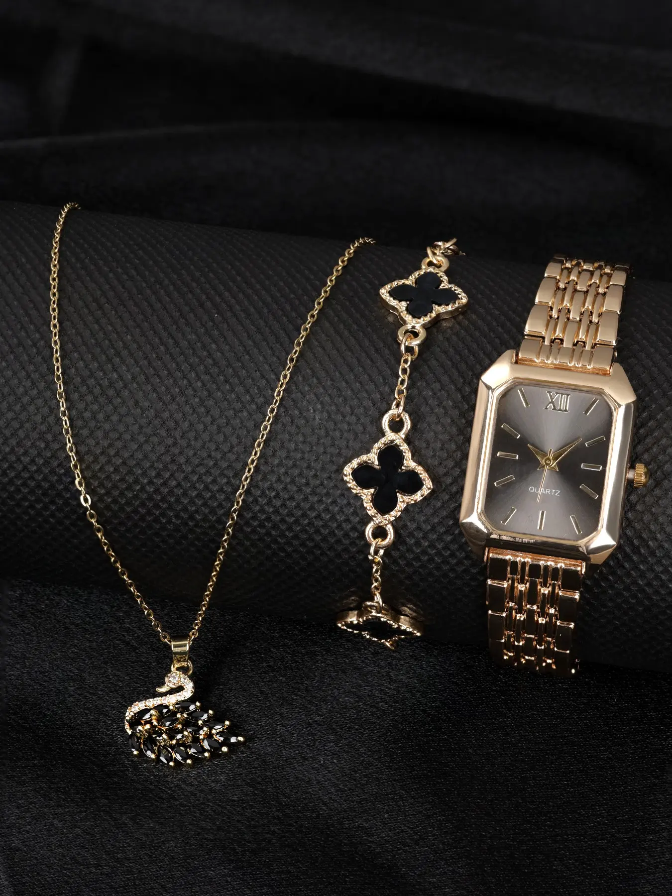 3pcs Women's Watch Necklace Bracelet Set, Jewellery Gift Set, Rose Gold Quartz Watch, Stainless Steel Swan Necklace, Clover Alloy Bracelet, Elegant Gift, Jewelry Sets