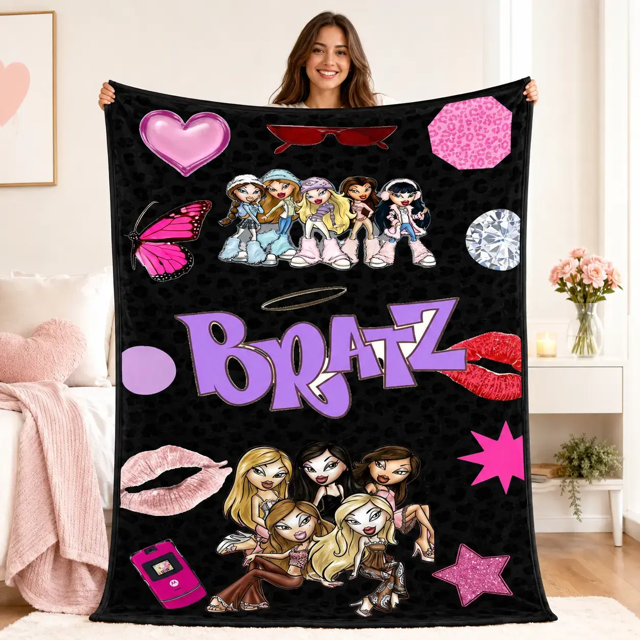Bratz Extra Large Flannel Blanket Fashion Doll Character Throw for Glam Dorm Rooms Soft Thickened Bed Sofa Cover Black Background Party Decor Closet Lounge Accent & Birthday Halloween Gift for Fans Air Conditioning Summer Cozy