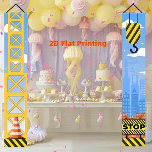 2D Flat, 2D Door Banner, 2pcs 2D Flat Polyester Construction Party Decorations Porch Sign Banner flag Construction Truck Roadblock City Birthday Decorations Hanging Door Banner Photo Backdrop Party Supplies 12x70.8 inches No Electricity Needed (1)