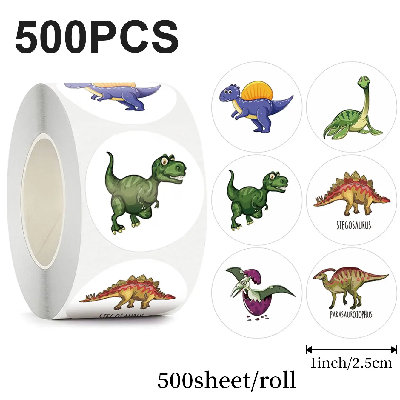 500pcs Dinosaur Vinyl Stickers Roll, 1 Inch Reward Sticky Labels for Teachers Parents Classroom School Training, Inspirational Self Adhesive Stickers, Self Adhesive Decal, Office Supplies