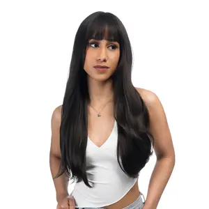 24-Inch Solid Dark Chocolate Brunette Brown Barely Wavy Straight Layered Cut Synthetic Wig | 【Heat Resistant】【Cap Included】 | @17 FSGA