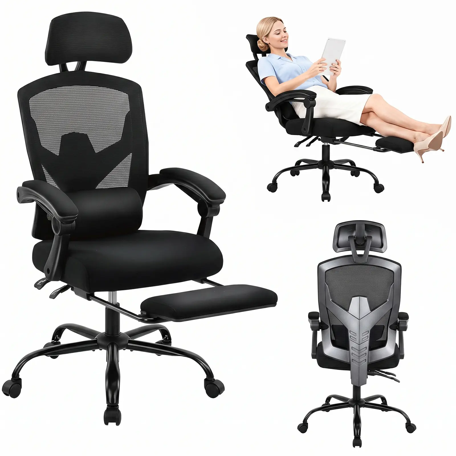 Ergonomic Home Office Chair - High Back Reclining Mesh Material Desk Chair with 360-Degree Swivel Rolling Base, Adjustable Headrest (Footrest Optional), Reclining Office Chair