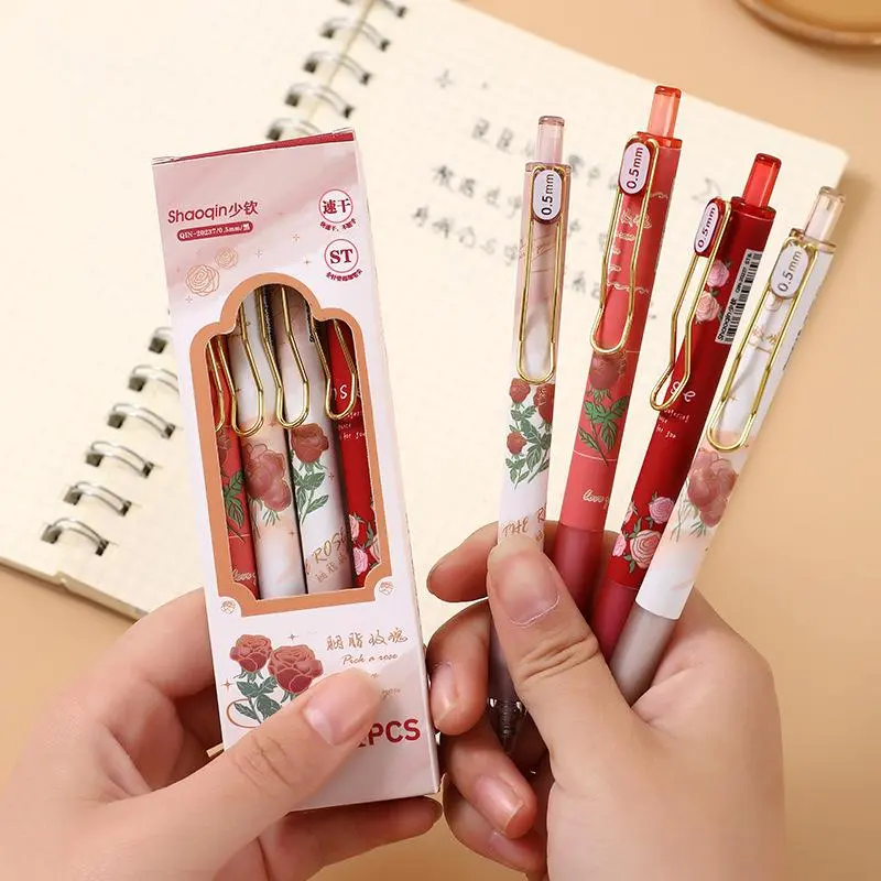4-Pack Ballpoint Pen Set, 0.5mm Fine Point Retractable Pens, Rose Pattern High-Quality Click Pens, Ink, Smooth Writing, Quick Dry, Office Supplies
