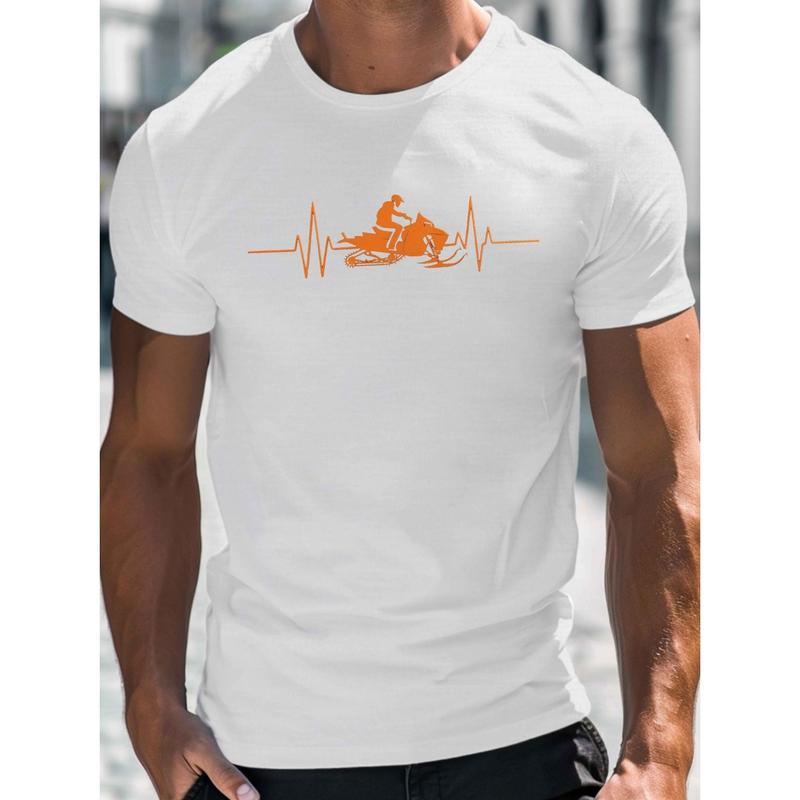 Men's Snowmobile In Heartbeat Line Graphic T-Shirt - 100% Cotton Black Short Sleeve Crew Neck Regular Fit Casual Wear | Soft & Breathable Fabric, Durable Print, Everyday Comfort, Machine Washable, casual outdoor