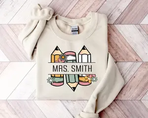 Pencil Name Frame Teacher Sweatshirt, Pencil Split Monogram Frame, First Day Of School, Back To School Teacher Shirt, Personalized Teacher T-shirt