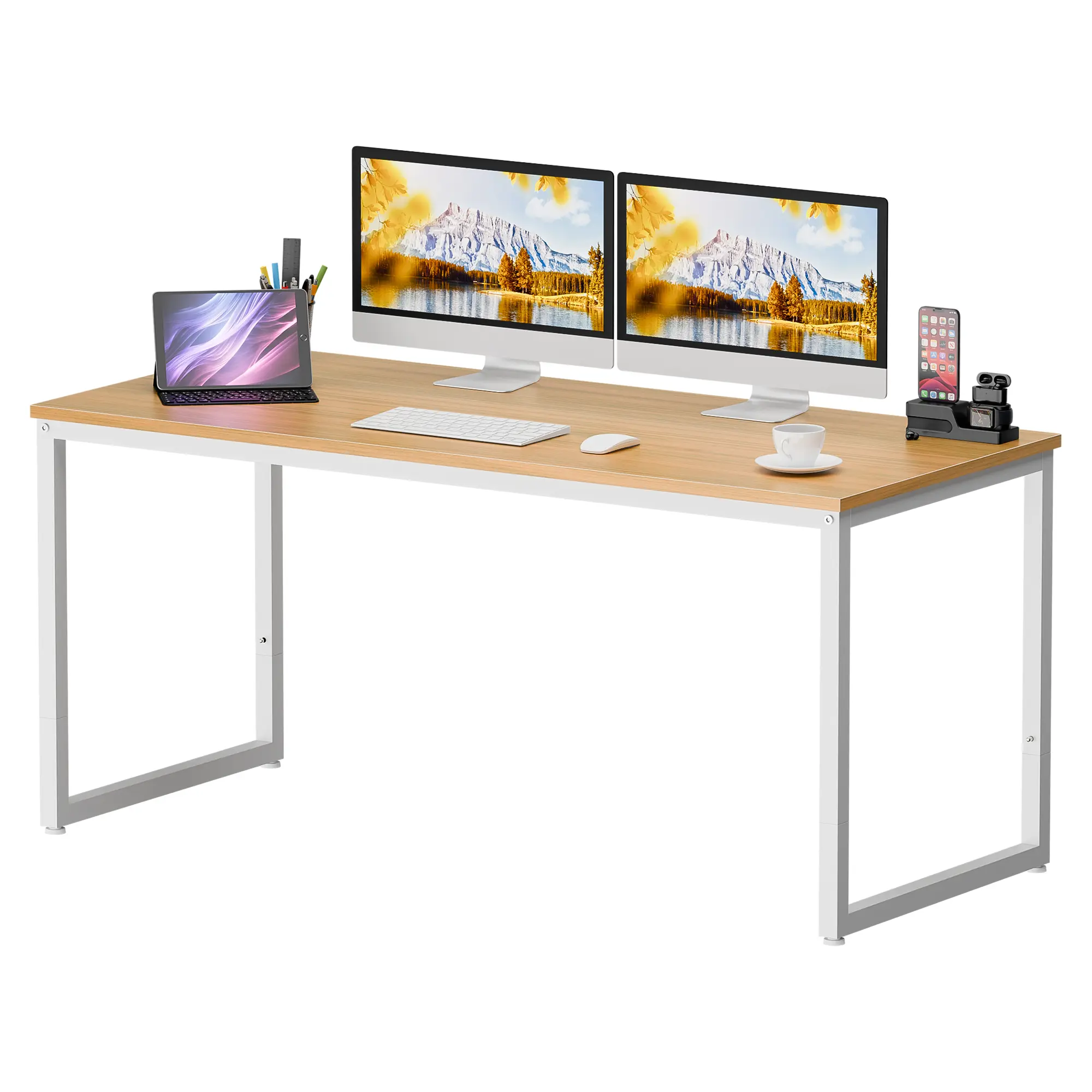 Zeny 55-in Sturdy MDF Computer Desk - Natural Finish Wood Workstation for Home Office Desks, Sturdy Computer Desk