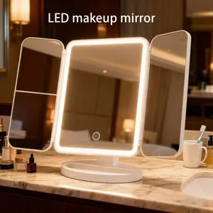 Tri-Fold LED Makeup Mirror, Simple Style, Adjustable Light Levels, Foldable Base, Ideal for Home Vanity, Office Desk, Dorm Table Use