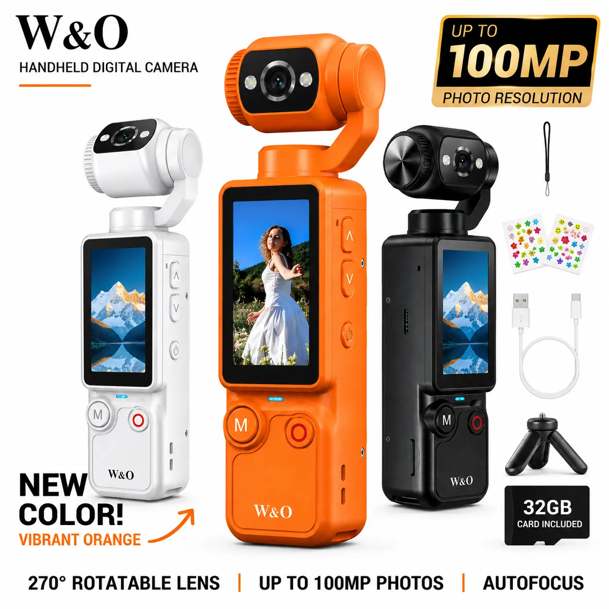 W&O 270° Rotating Lens Vlogging Camera, Portable Handheld Digital Camera with Autofocus, 1.9" Screen, 100MP Photo Resolution, 32GB Memory Card and Mini Tripod, USB Rechargeable Camera for Travel & Daily Recording