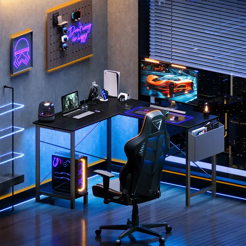 CornerCraft L-shaped desk in a gaming setup with monitor and PC