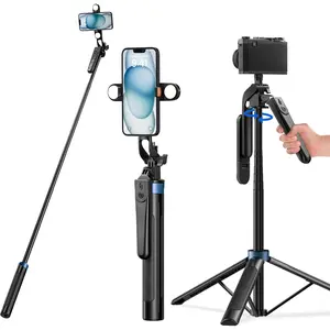 64'' Extendable Phone Tripod & Selfie Stick with Light and Remote, Adjustable Tripod Stand for iPhone 11-16, Android, GoPro, Cameras, Travel Vlogging & Video Recording