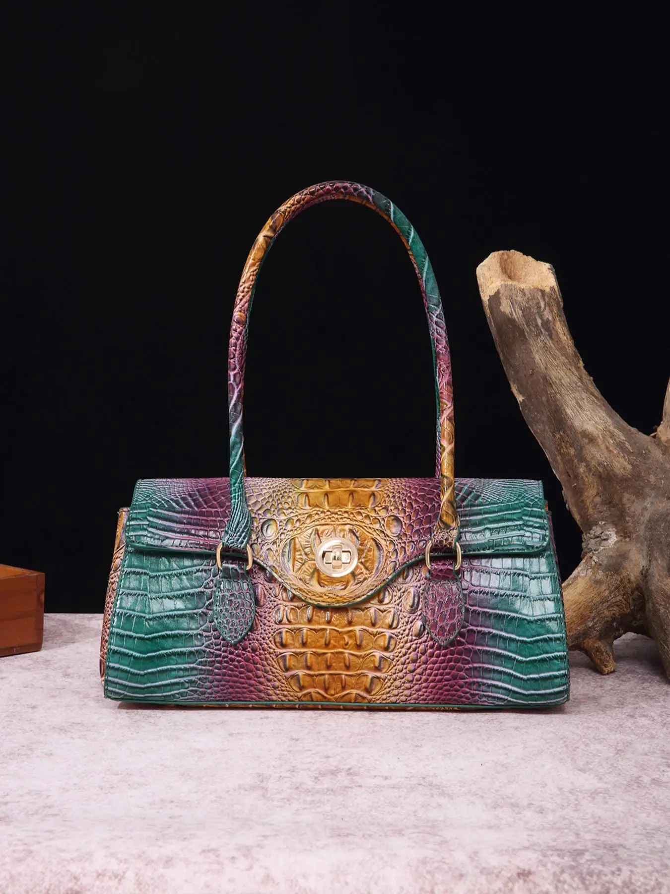 Vintage Crocodile Embossed Handbag, Fashionable Colorblock Flap Square Bag for Women