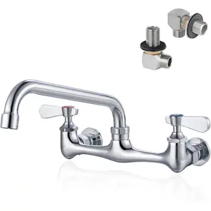 8 Inch Center Wall Mount Commercial Sink Faucet 8" Swivel Spout Utility Faucet Dual Handle Chrome Brass for Restaurant Laundry Utility Room Kitchen Sinks