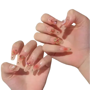 TISXTISW Press On Nails - Handmade Trapezoid Fake Nails with French Tip, Pink, 10g, Includes Storage Box, Alcohol-Free, 3-Minute Styling Tool