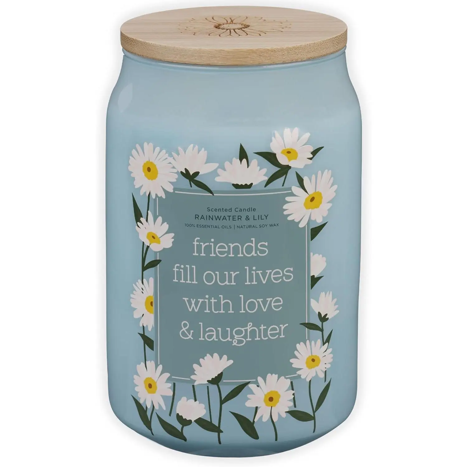 Glass Jar Scented Candle - Love and Laughter Themed, Rainwater-Lily-Daisy Aroma, Bamboo-Accent Home Decor, Gentle Light Home Supply with Perfume Scent, Wreath-Ready, Gift Box Included