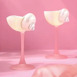 Seashell Glass Cups, 2-Piece White Conch-Shaped Beach Drinkware with Pink Base Stems, Stylish Martini Goblets for Bridesmaids Wedding Parties (Kitchenware Bar Utensils), Seashell Glass Cup