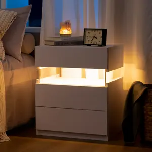 LED Nightstand Modern Nightstand with 3 Drawers LED Bedside Tables for Bedroom, Living Room