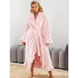 Women's Long Sleeve Bathrobe, Warm Robe with Pockets, Fall & Winter Thick Fitted Homewear