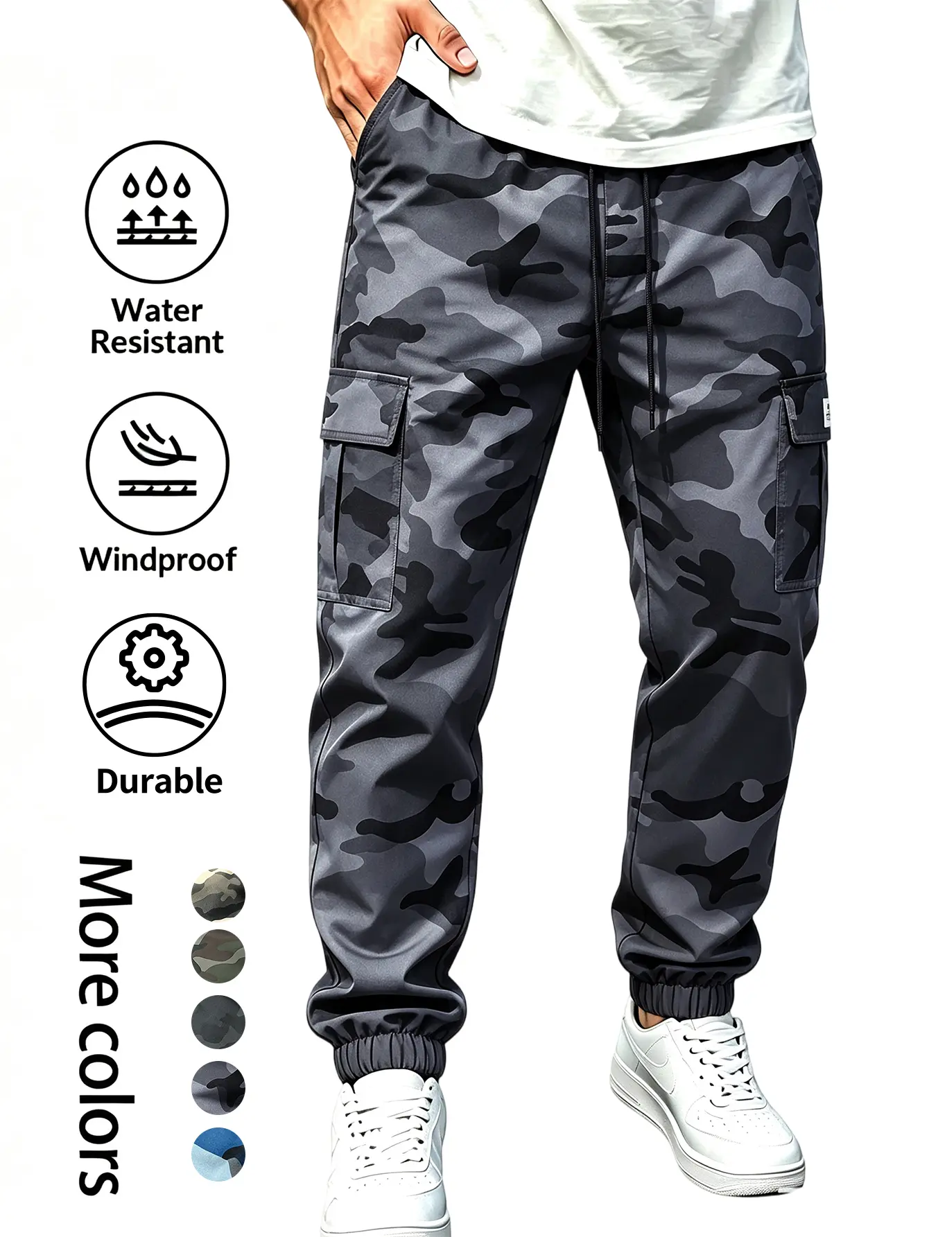Water-resistant, windproof camo cargo joggers; durable tactical outdoor pants for hiking and everyday wear; camo cargo joggers—water-resistant, windproof, durable tactical pants with an elastic waistband; outdoor hiking casual work pants Menswear Trouser
