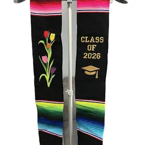 Tulips Class of 2026 Graduation Sash with Embroidered Tulips and Gold Glitter Cap Design