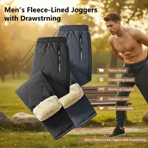 Autumn Winter Men's Casual Elastic Waist Sports Trousers Warm-Up Joggers with Fleece Lining and Drawstring fleece-lined pant outdoor wear Wide Sweatpants Gym Outfit pantalones para hombre