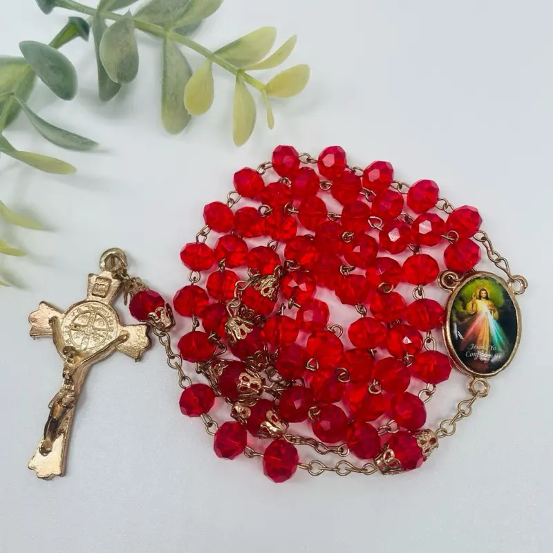 Jesus of Mercy Catholic Gold Pleated Crystal Rosary with Red Beads and Crucifix for Prayer