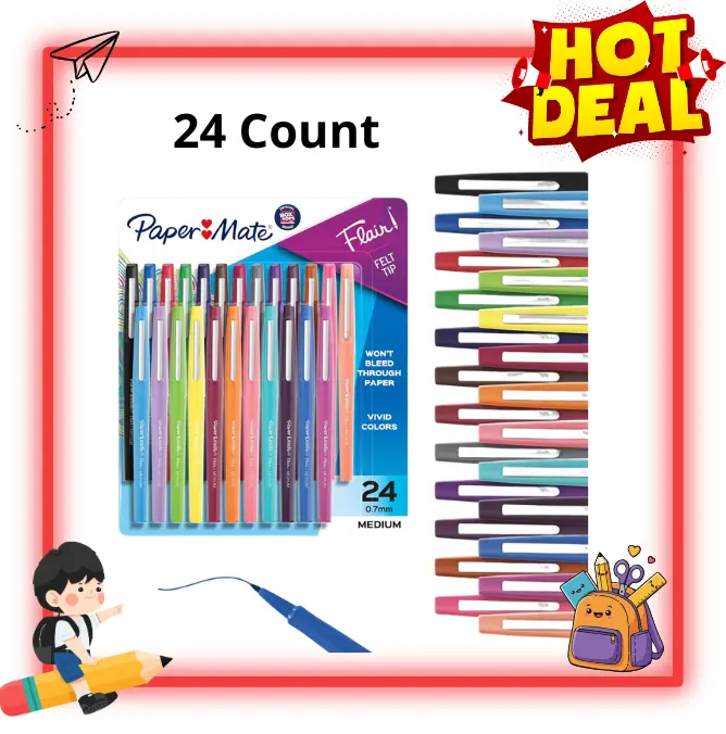 Flair Felt Tip Pens, 24 Count Assorted Colors, Medium Point Marker Pens, Back to School Supplies, Teacher, Office & Writing Essentials
