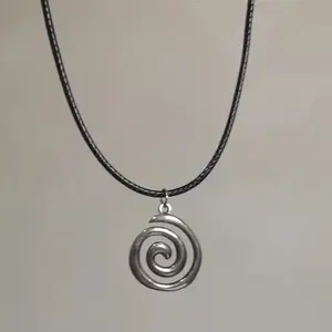 Y2K Cyber Grunge Spiral Vortex Pendant - Unisex Hand-woven Leather Rope Necklace, Artisanal Edgy Jewelry, Trendy Statement Accessory