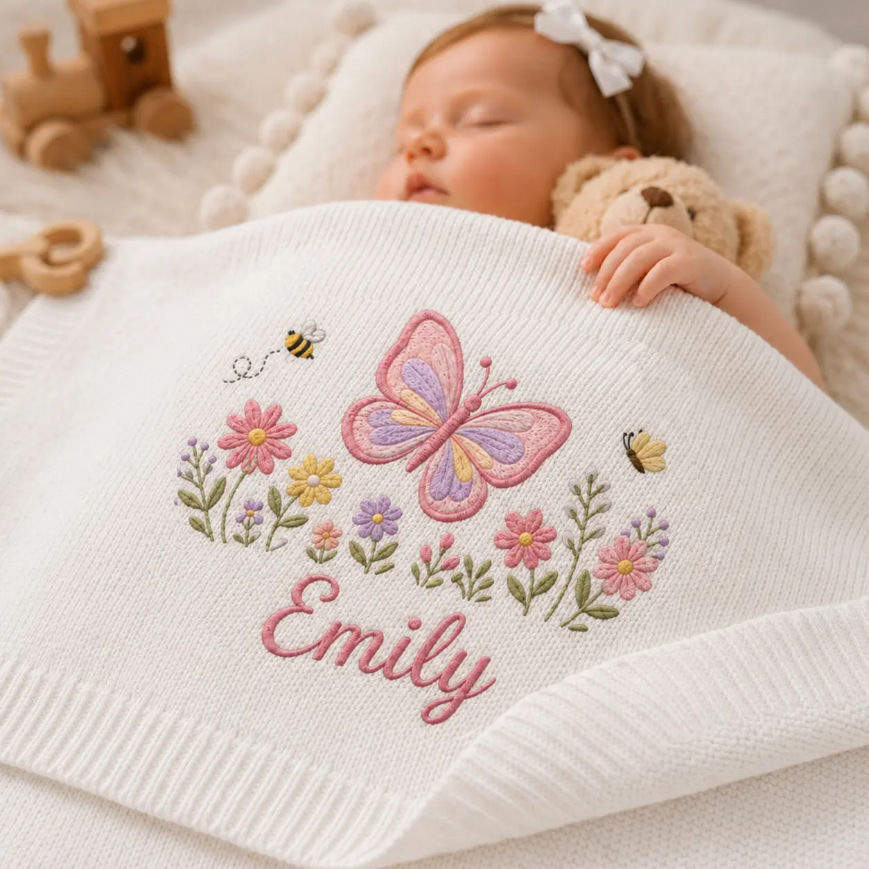 [Made-to-Order] Personalized Butterfly Embroidered Baby Blanket, Custom Name Wildflower Knit Blanket, Botanical Nursery Keepsake, Baby Shower Gift