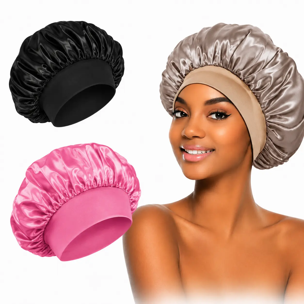 3 Pack Wide Band Satin Sleep Bonnets for Women, Elastic Hair Bonnet, Polyester Satin Hair Protection Caps for Sleeping, Hair Care, Black Pink Champagne