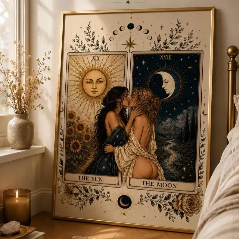 Artistic Sapphic Tarot Photo Print Poster - Creative Design Print, High-Res Paper, Fade-Resistant, Durable, Framing-Ready LGBTQ Lesbian Wall Art, Sun-Moon Celestial Witchy Home Supplies, Couple Gift for Kid Room & Classroom Decor, Decoration