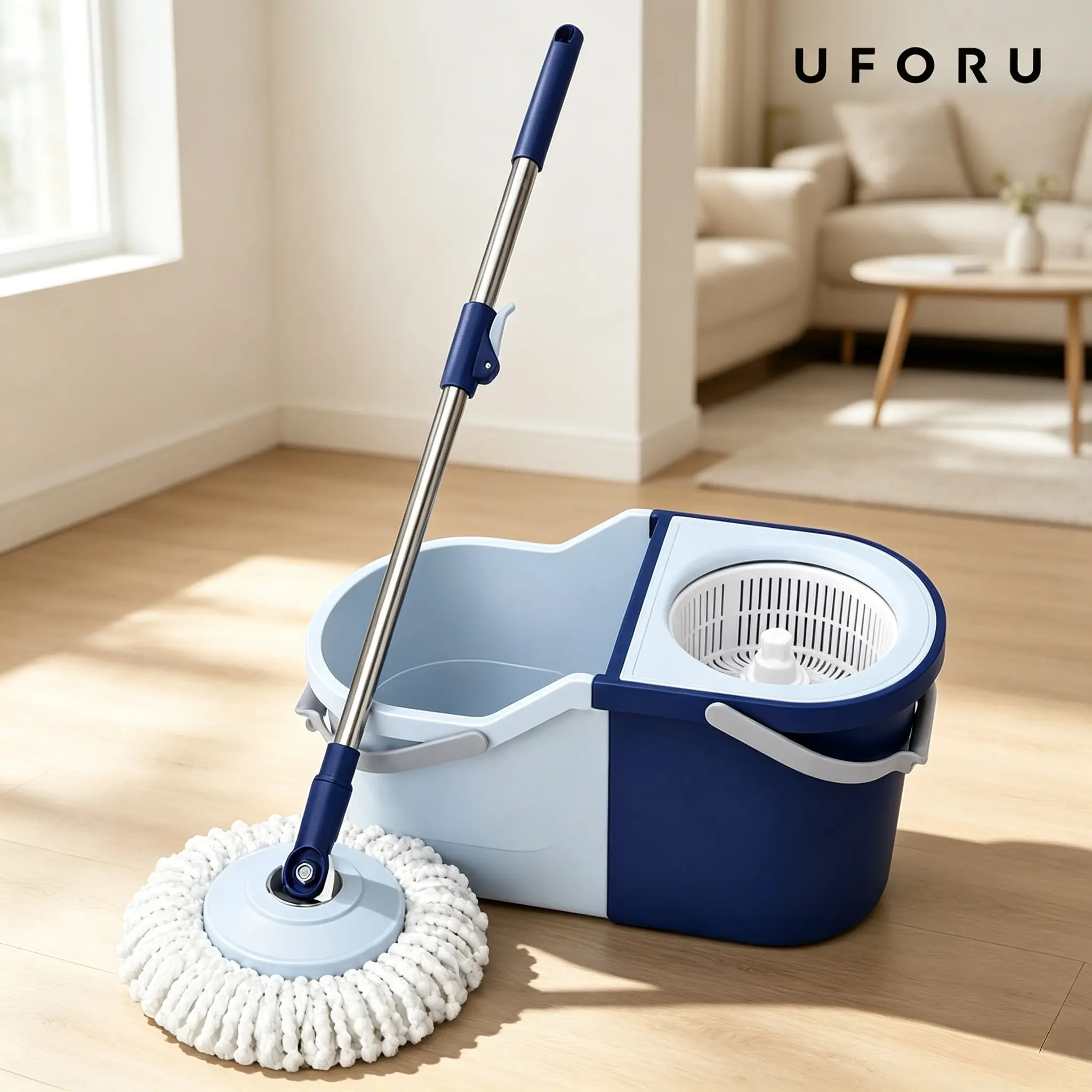 Dual-bucket rotating mop with wash/spin separation, hands-free washing and centrifuging wringing, 180° rotatable mop head, telescopic stainless steel handle, thickened ultra-fine microfiber mop cloth, household floor-cleaning tool