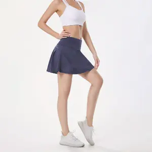 Women's solid color high waisted sports skirt with zipper and anti glare tennis skirt-013