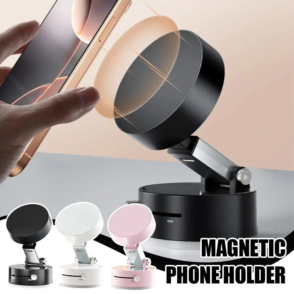 Magnetic Phone Holder with Button Iron – Foldable Mechanical Cellphone Stand & Vacuum Suction Mount for iPhone/Android Smartphone