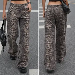 Women's Tiger Striped Denim Pants Fashionable Casual Low Waisted Wide Leg Jeans with Pockets Vintage Straight Trousers, Minimalist Chic, On The Go, Elevated Basics, Adjustable, Wardrobe Essential, Comfy