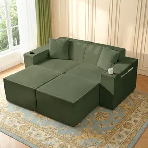 Deep Seat Loveseat Sofa, Green Boneless Corduroy Couch with 2 Ottomans for Small Spaces, Compact Apartments or Living Rooms, No Assembly Required