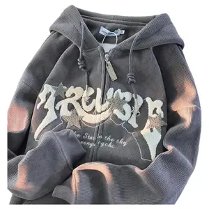 Women Embroidered Zip Up Hoodie, Harajuku Loose Long Sleeve Hooded Shirt, Autumn Tops